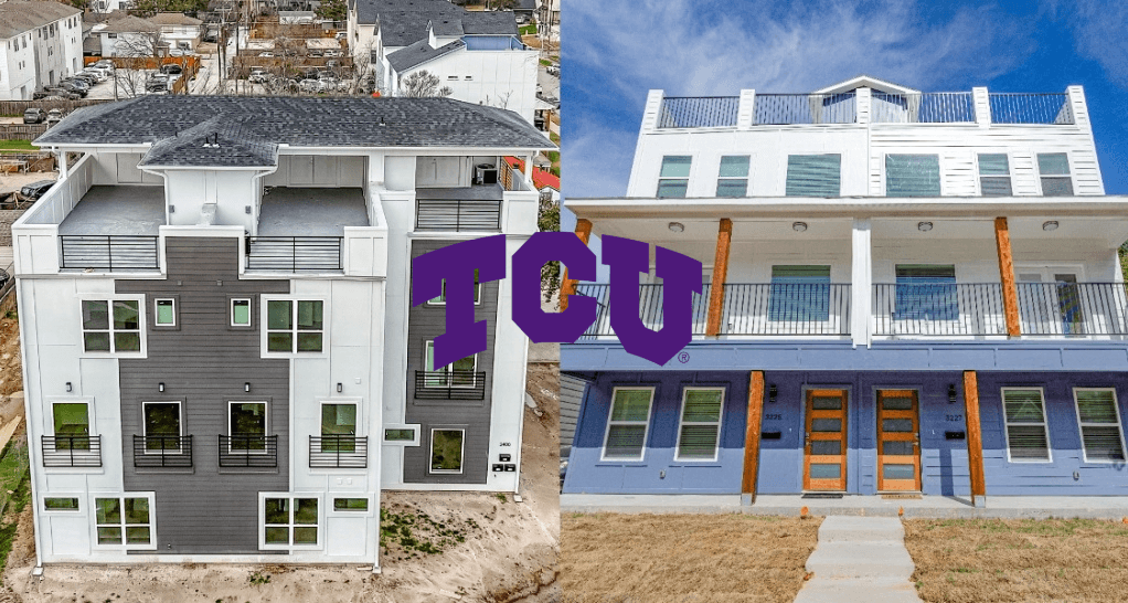 Class A Fort Worth student housing portfolio buildings near Texas Christian University with TCU logo