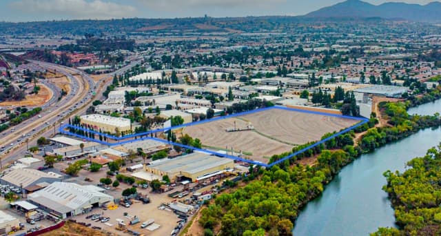 Aerial view of the 13.29-acre industrial land sale site at 10990 N Woodside Ave in Santee, California