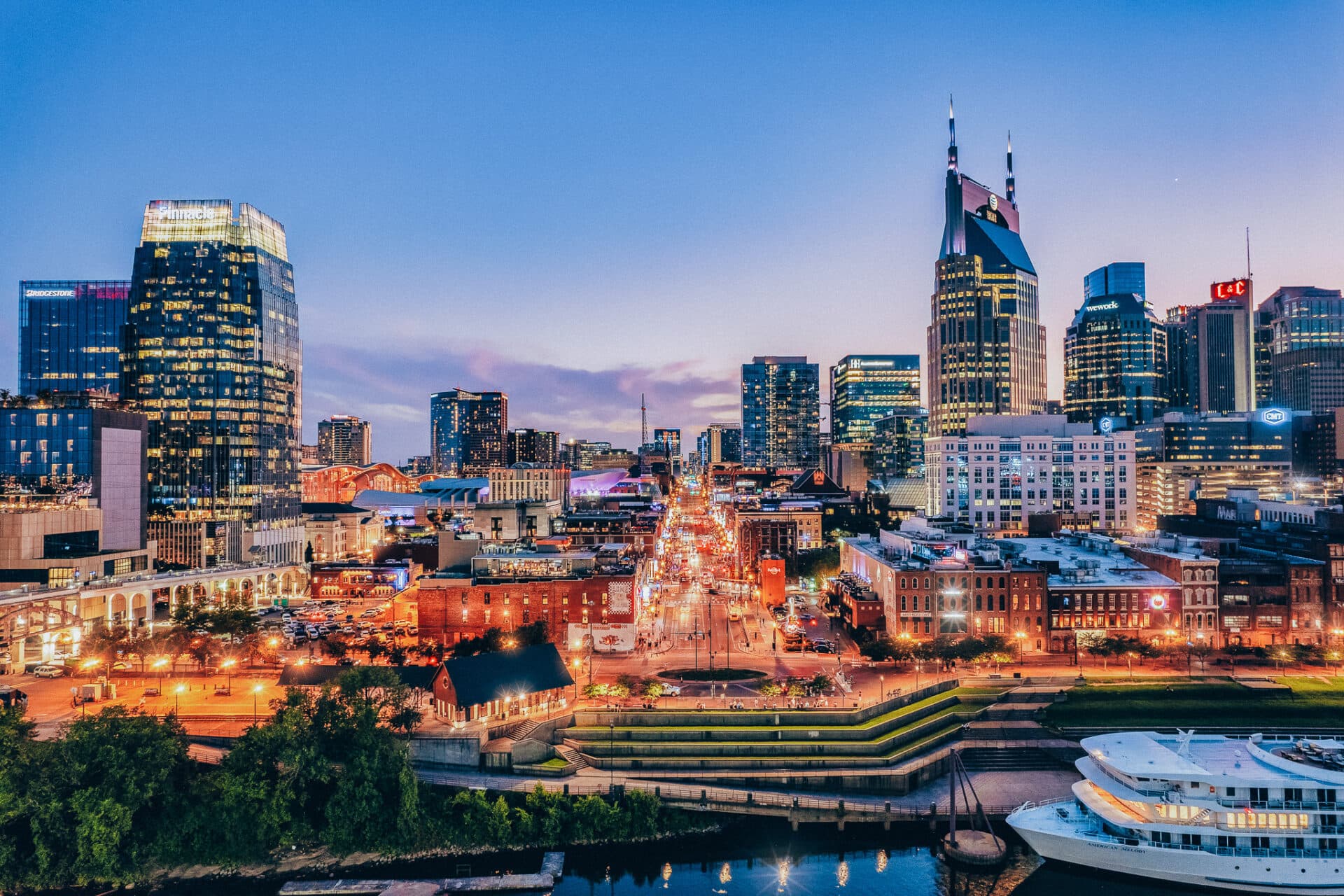 Aerial view of the downtown Nashville, TN skyline at dusk
