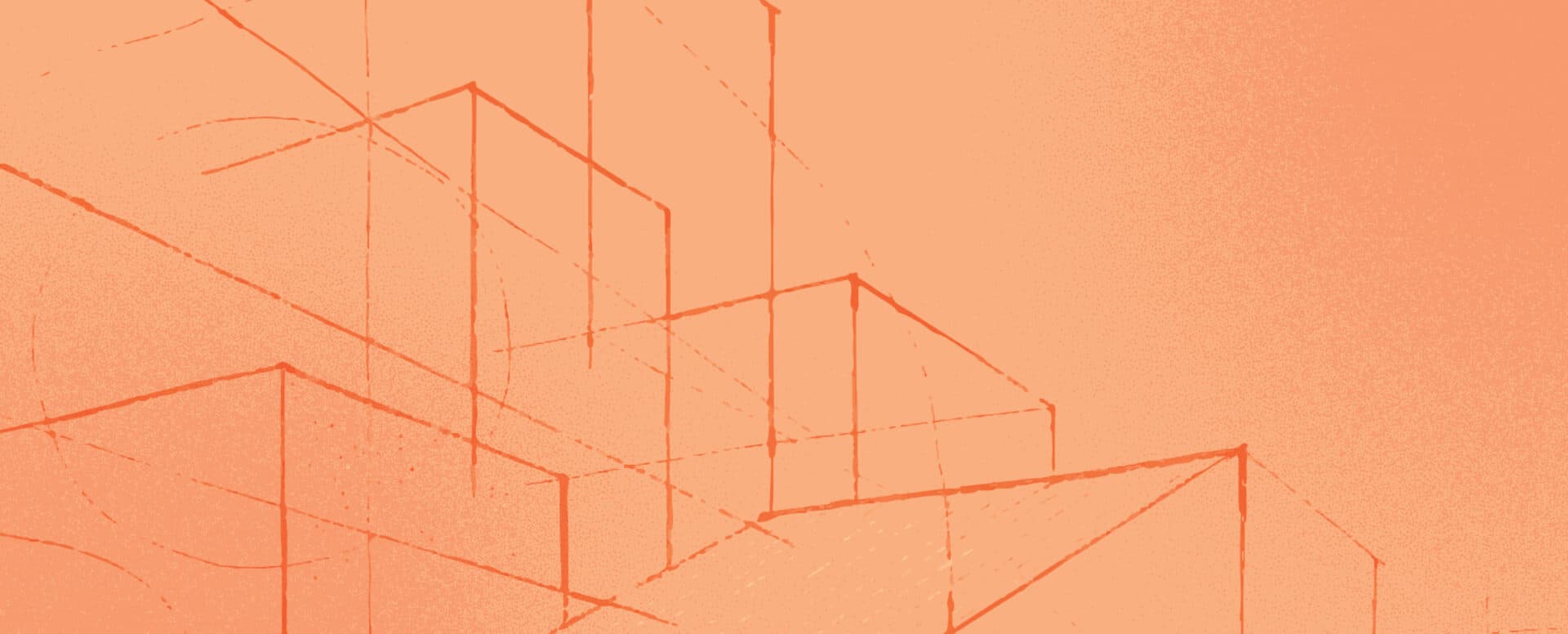 Abstract architectural line drawing of retail buildings on an orange gradient background.