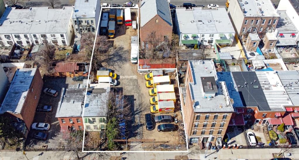 Aerial view of 111-117 Grove Street and 60 Menahan Street, the Brooklyn development sites sale in Bushwick, New York