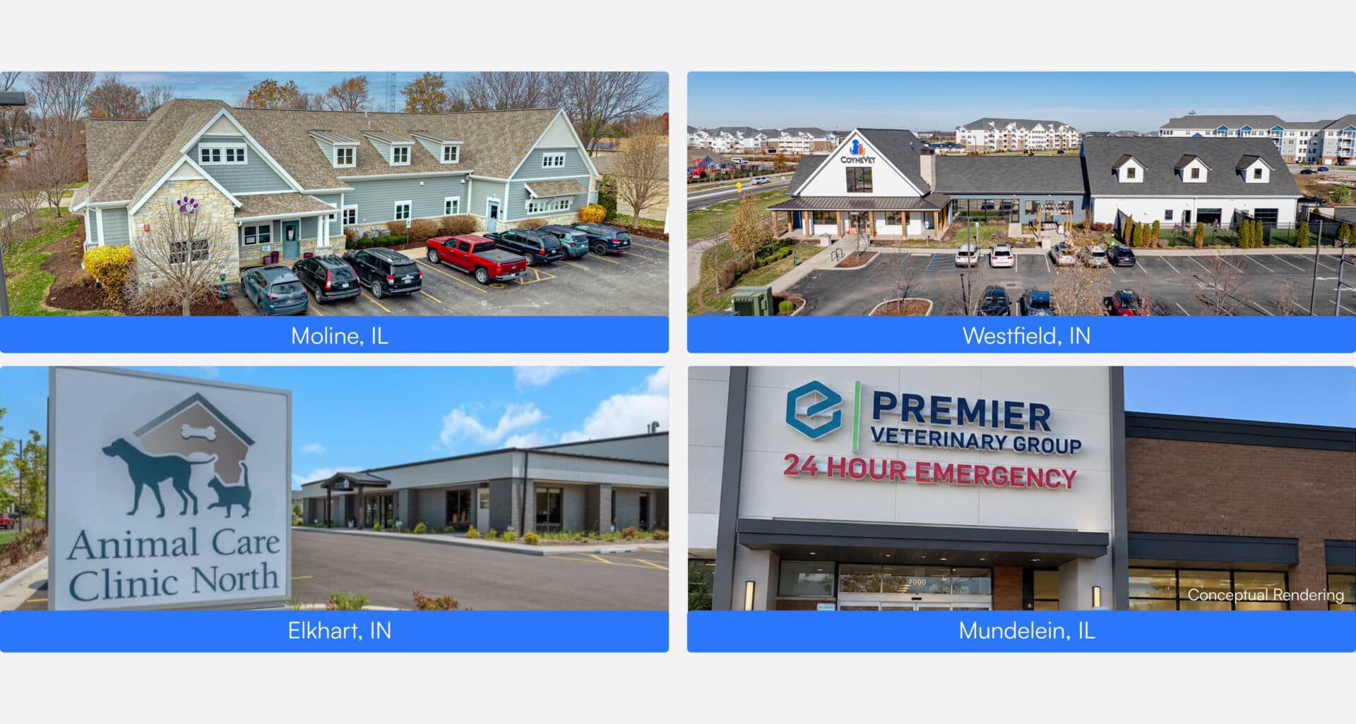 Four-panel collage of veterinary hospital properties in the $16.1M veterinary real estate portfolio disposition