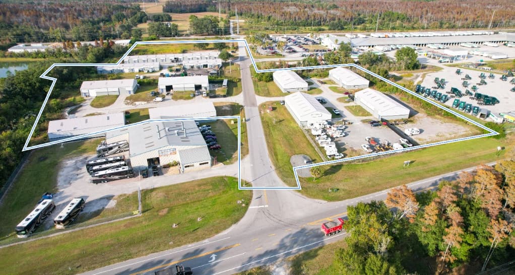 Aerial view of Epicenter Commerce Park, a Lakeland industrial asset with 11 small-bay buildings and an entitled IOS parcel