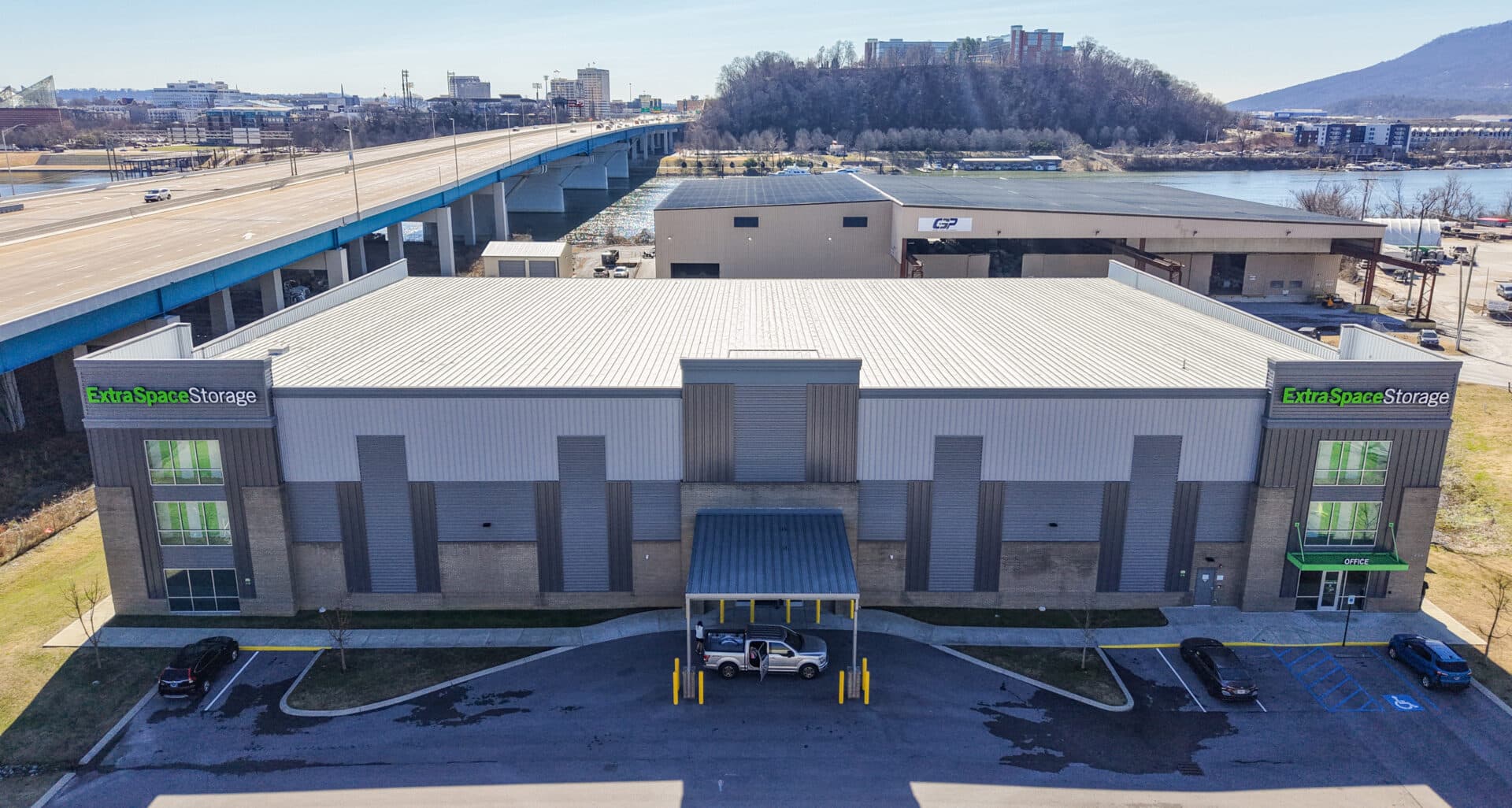 Aerial view of the Class A Chattanooga self-storage asset managed by Extra Space Storage at 606 Manufacturers Rd