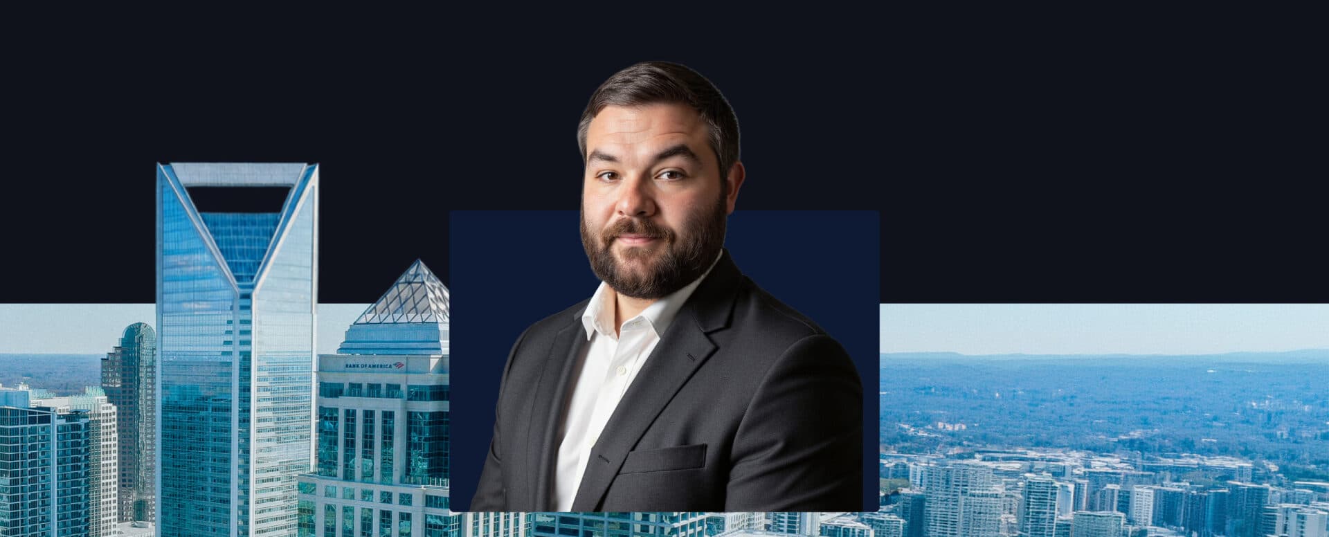 Headshot of Anthony Warren over the Charlotte skyline for Matthews car wash investment sales new hire announcement