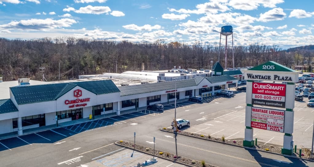 Aerial view of Wantage Plaza shopping center and CubeSmart self storage facility on NJ-23 in Wantage, New Jersey