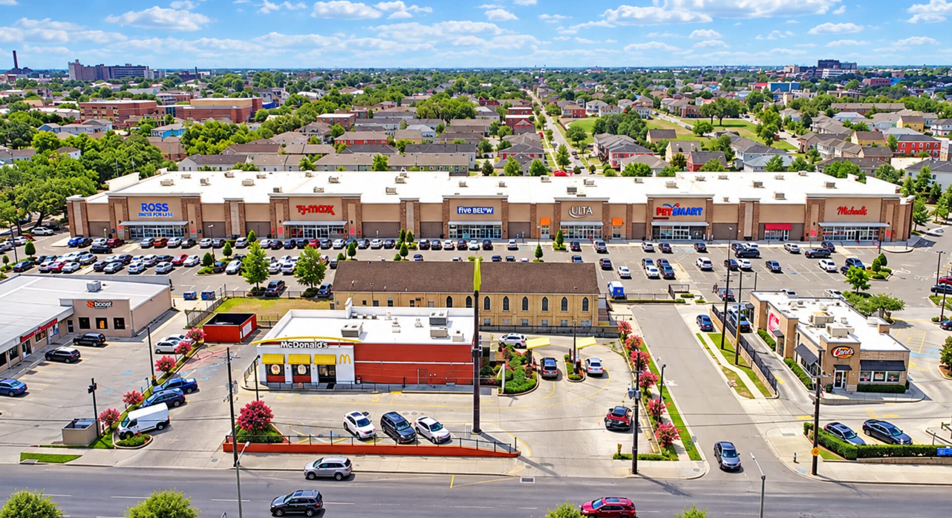 Aerial view of Magnolia Marketplace sale in New Orleans, a shopping center anchored by Ross Dress for Less, T.J. Maxx, Five Below, Ulta Beauty, PetSmart and Michaels