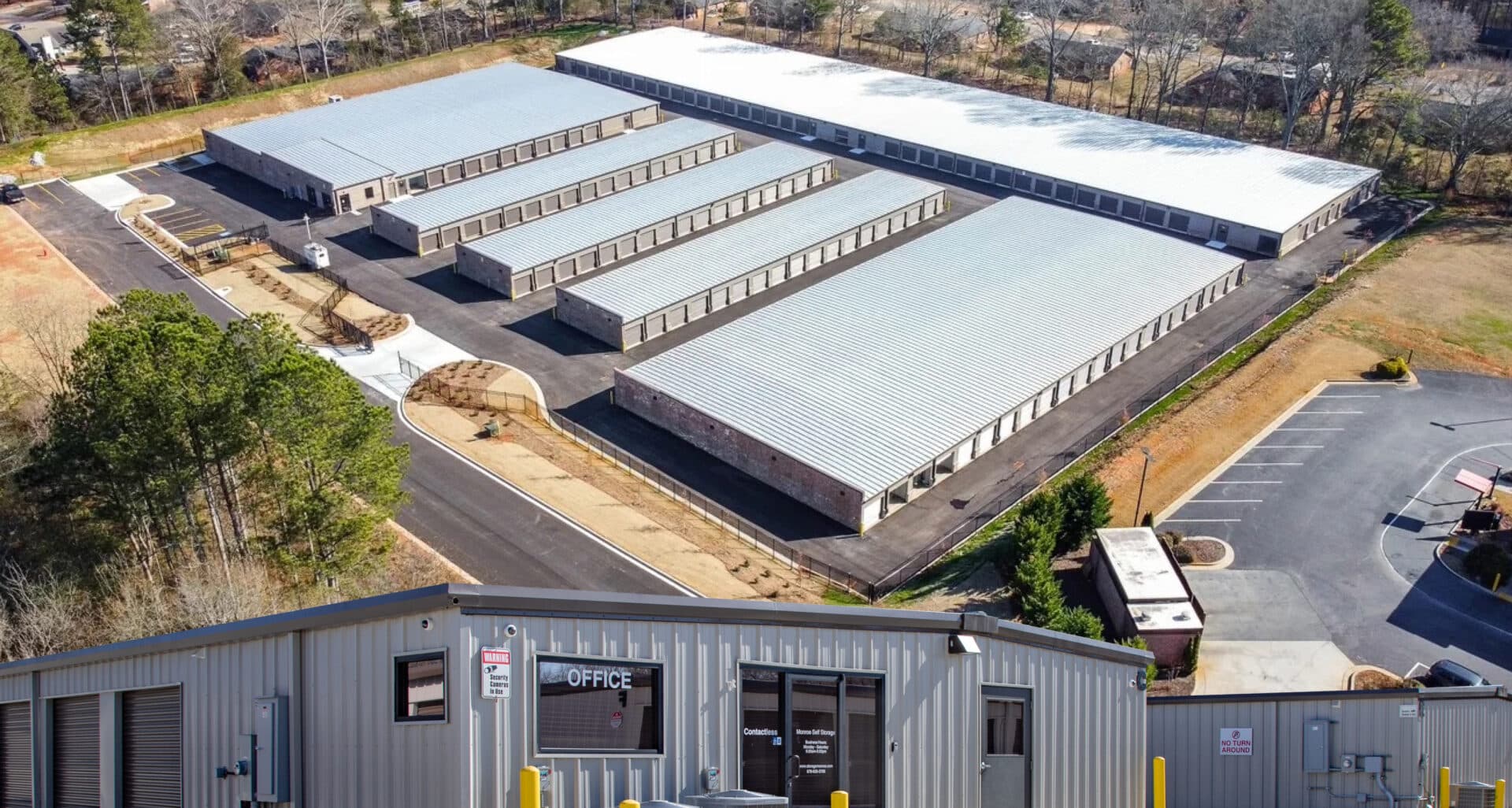 Aerial view of Monroe Self Storage, a newly built Georgia self-storage disposition with climate-controlled units and an on-site office