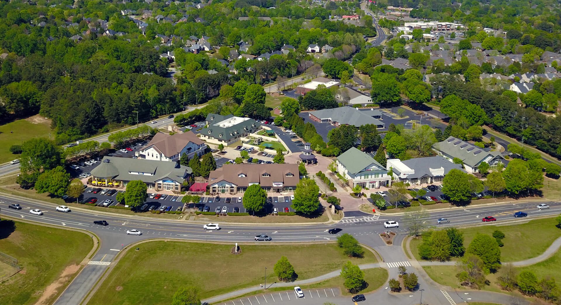 Aerial view of Sweet Apple Village sale property, a Class A multi-tenant retail center in Roswell, Georgia