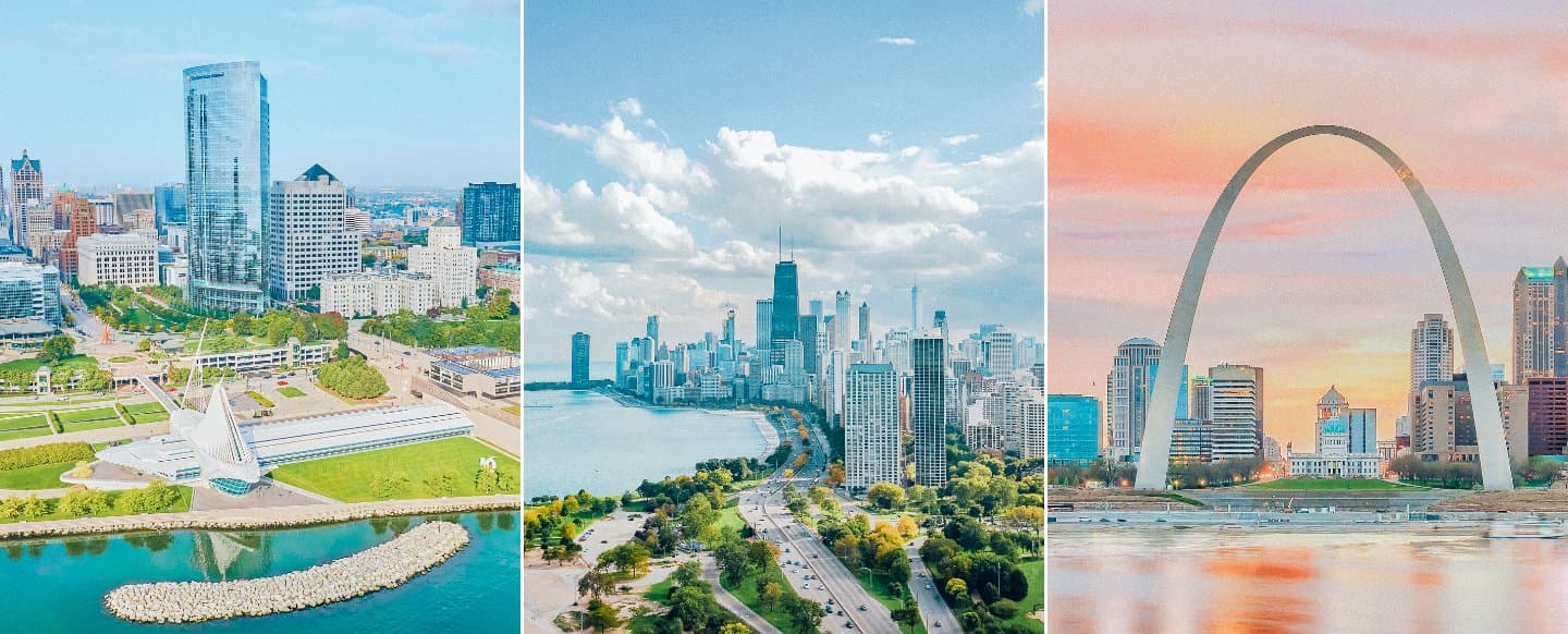 Midwest skylines of Milwaukee, Chicago, and St. Louis