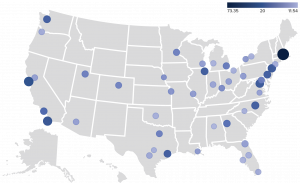 Map of the U.S. with pin points of different gradients indicating life sciences growth by metro