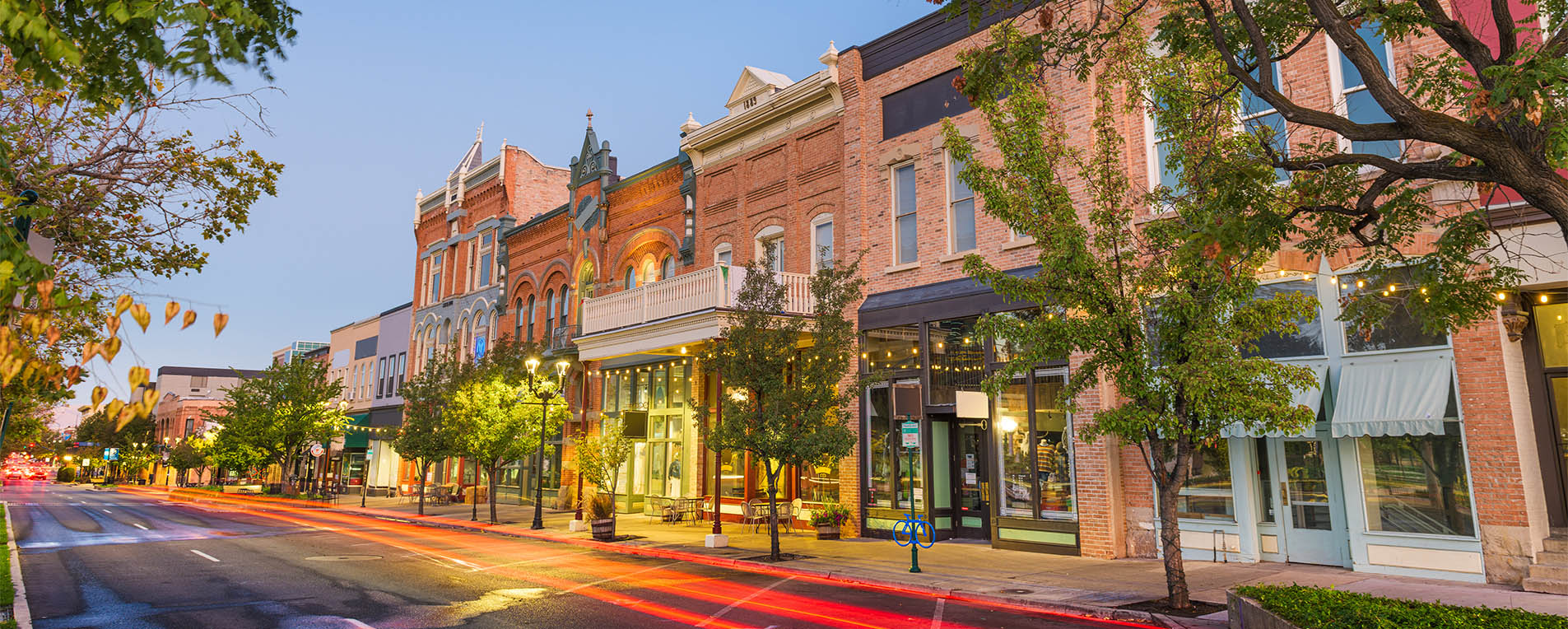 Old town Southern shopping center at night