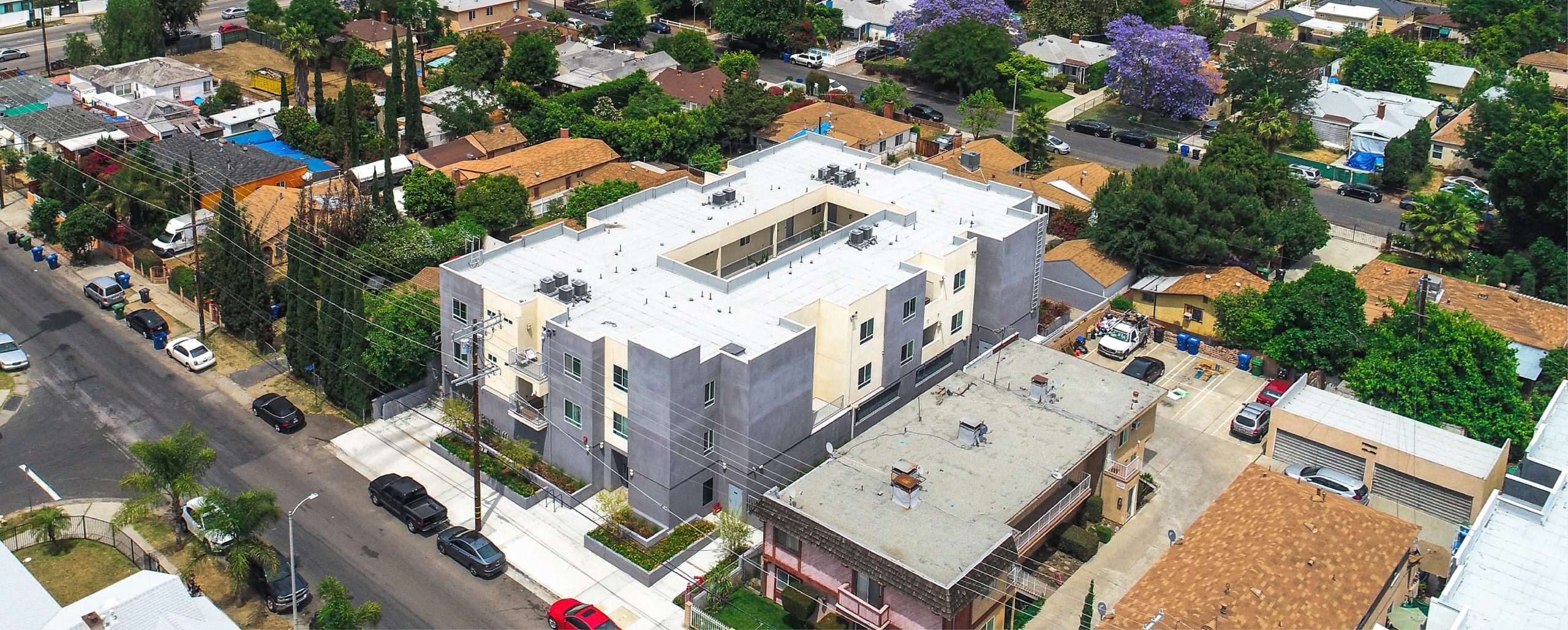 aerial view of california apartment complex